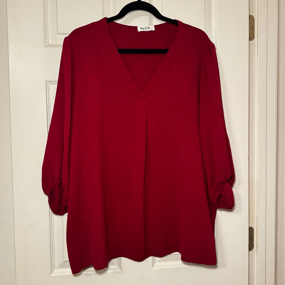 You & Me Women’s Plus Size 2X Red V-Neck Blouse 3/4 Sleeve